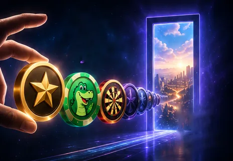 A hand placing a row of game tokens leading to a glowing doorway