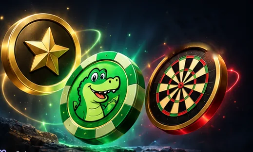 Three game tokens: a gold star, a green crocodile chip and a dartboard